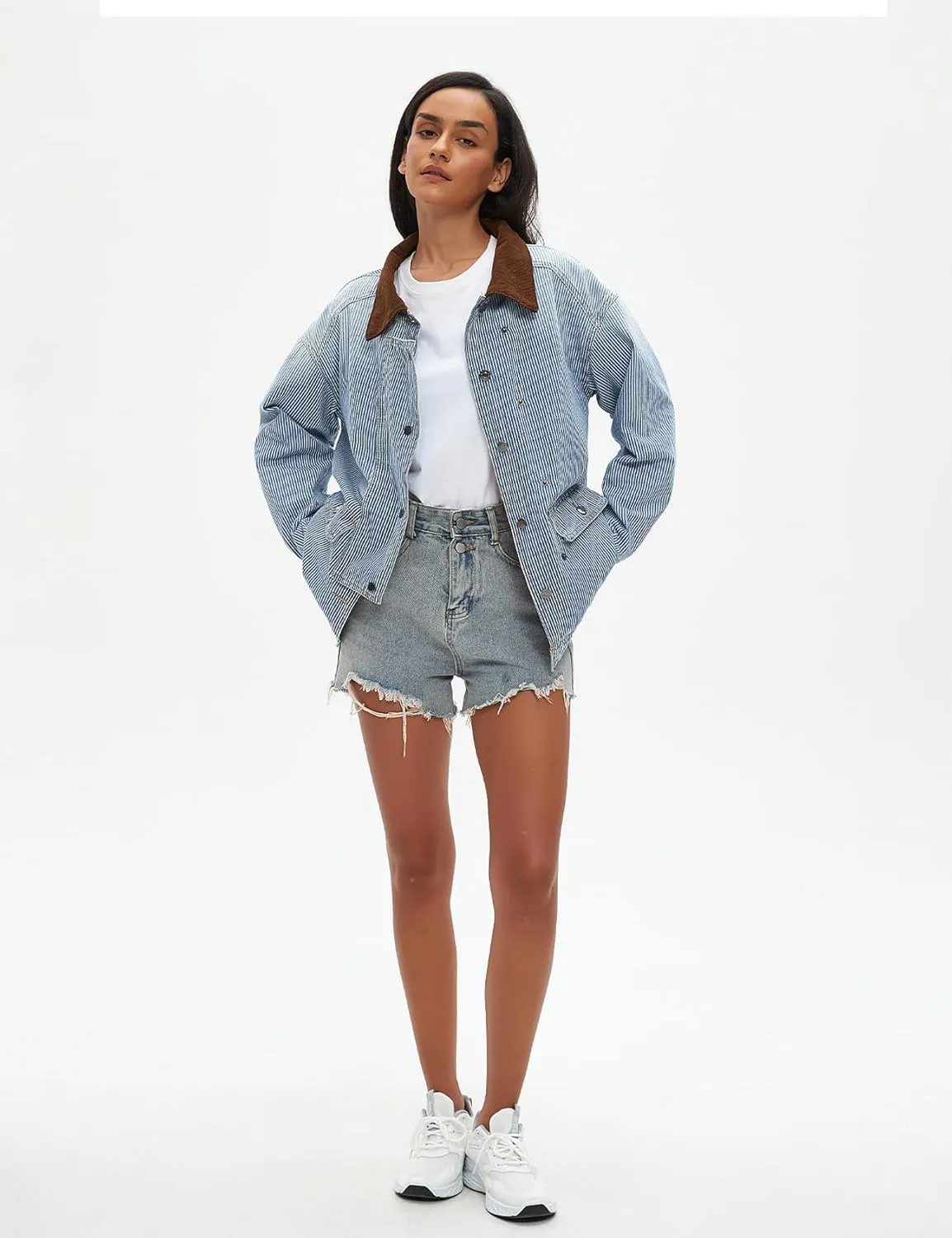 Kedera Women's Jean Jacket Oversized Striped Denim Jacket Long Sleeve Button Down Fashion Fall Shacket Barn Coat 2024