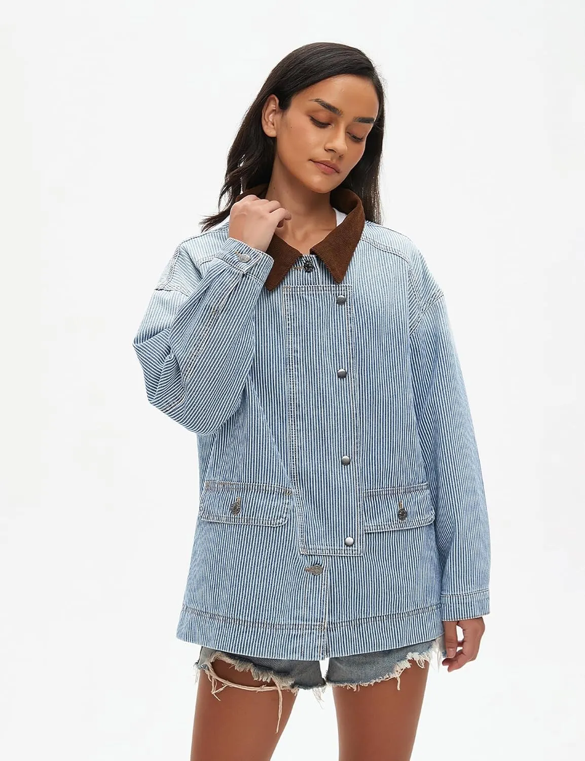 Kedera Women's Jean Jacket Oversized Striped Denim Jacket Long Sleeve Button Down Fashion Fall Shacket Barn Coat 2024
