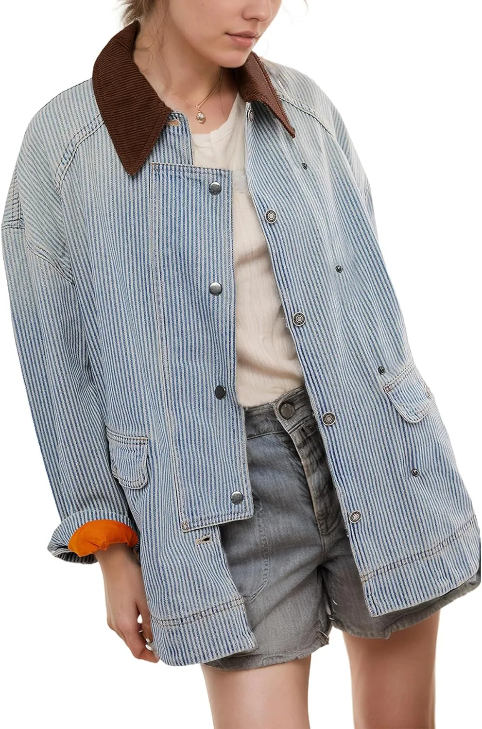 Kedera Women's Jean Jacket Oversized Striped Denim Jacket Long Sleeve Button Down Fashion Fall Shacket Barn Coat 2024