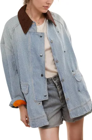 Kedera Women's Jean Jacket Oversized Striped Denim Jacket Long Sleeve Button Down Fashion Fall Shacket Barn Coat 2024