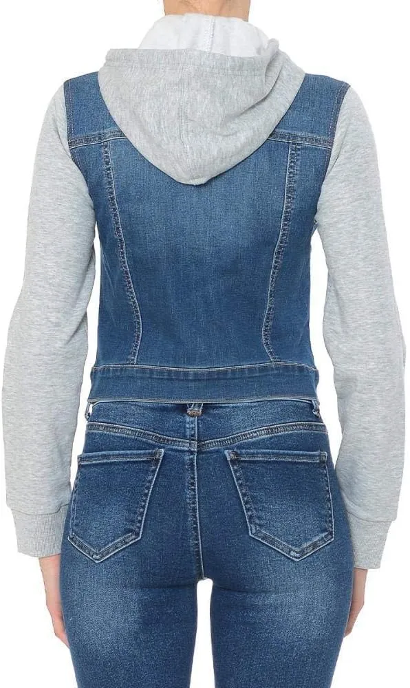Khanomak Women Fleece Sleeve and Hood Denim Jacket