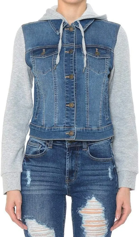 Khanomak Women Fleece Sleeve and Hood Denim Jacket
