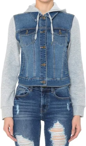 Khanomak Women Fleece Sleeve and Hood Denim Jacket