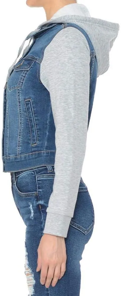 Khanomak Women Fleece Sleeve and Hood Denim Jacket