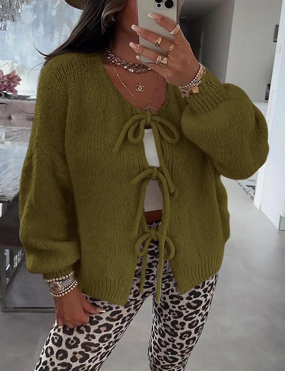 Kissonic Women's Tie Front Bow Cardigan Sweaters Y2K Bow Puff Long Sleeve Jacket 2024 Fall Trendy Tops