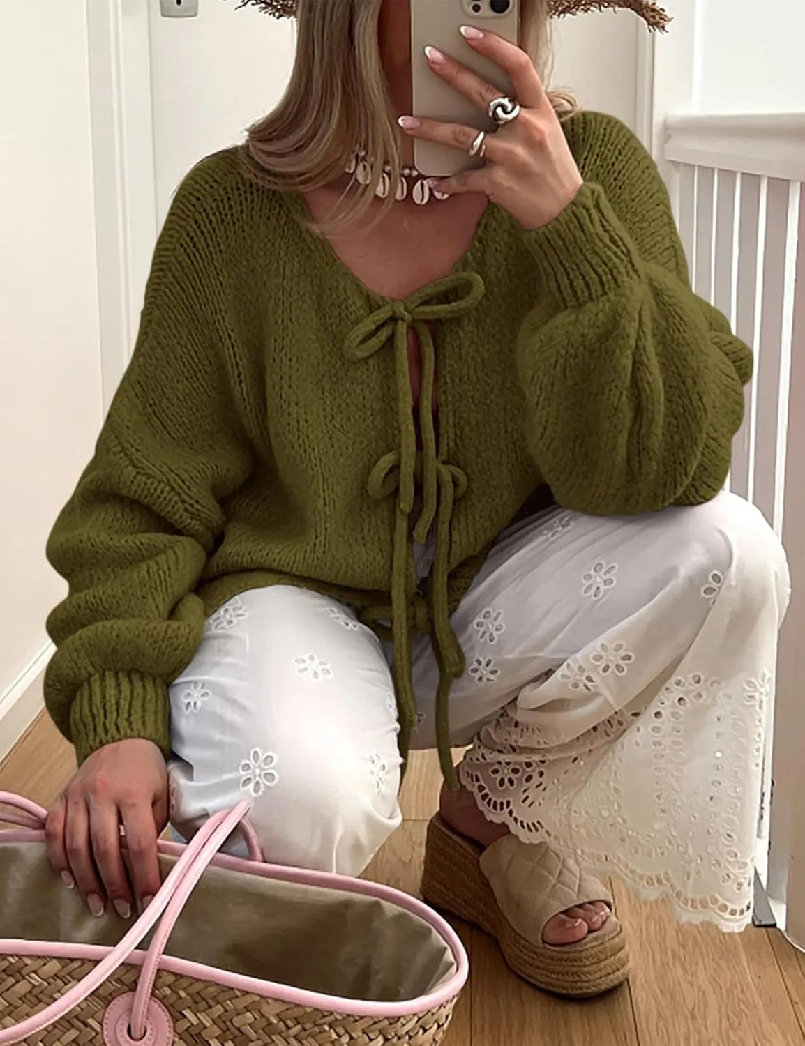 Kissonic Women's Tie Front Bow Cardigan Sweaters Y2K Bow Puff Long Sleeve Jacket 2024 Fall Trendy Tops