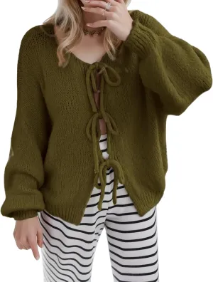 Kissonic Women's Tie Front Bow Cardigan Sweaters Y2K Bow Puff Long Sleeve Jacket 2024 Fall Trendy Tops