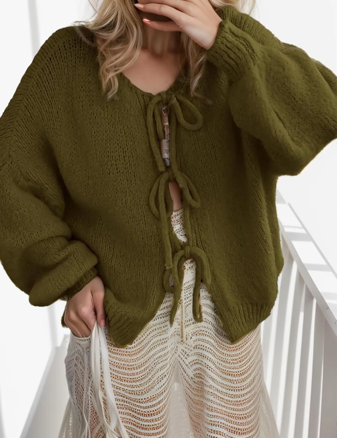 Kissonic Women's Tie Front Bow Cardigan Sweaters Y2K Bow Puff Long Sleeve Jacket 2024 Fall Trendy Tops