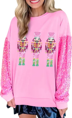 KMBANGI Women Christmas Nutcracker Sweatshirt Holiday Funny Graphic Pullover Top Oversized Crewneck Long Sleeve Shirts
