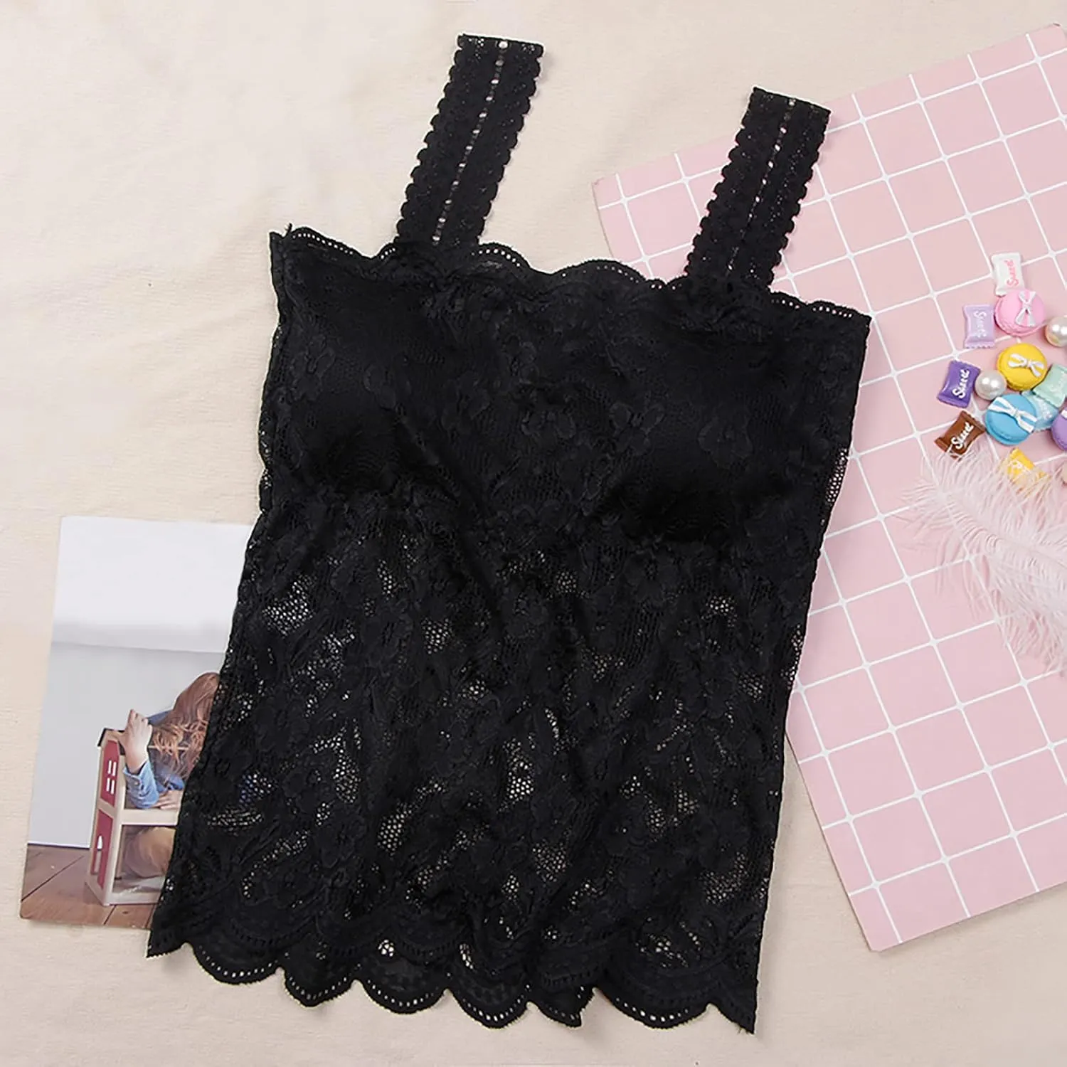 Lace Camisole Tops for Women Built in Bra Padded Bralette 2025 Soft Comfy Crop Tops Trendy Basic Camisoles