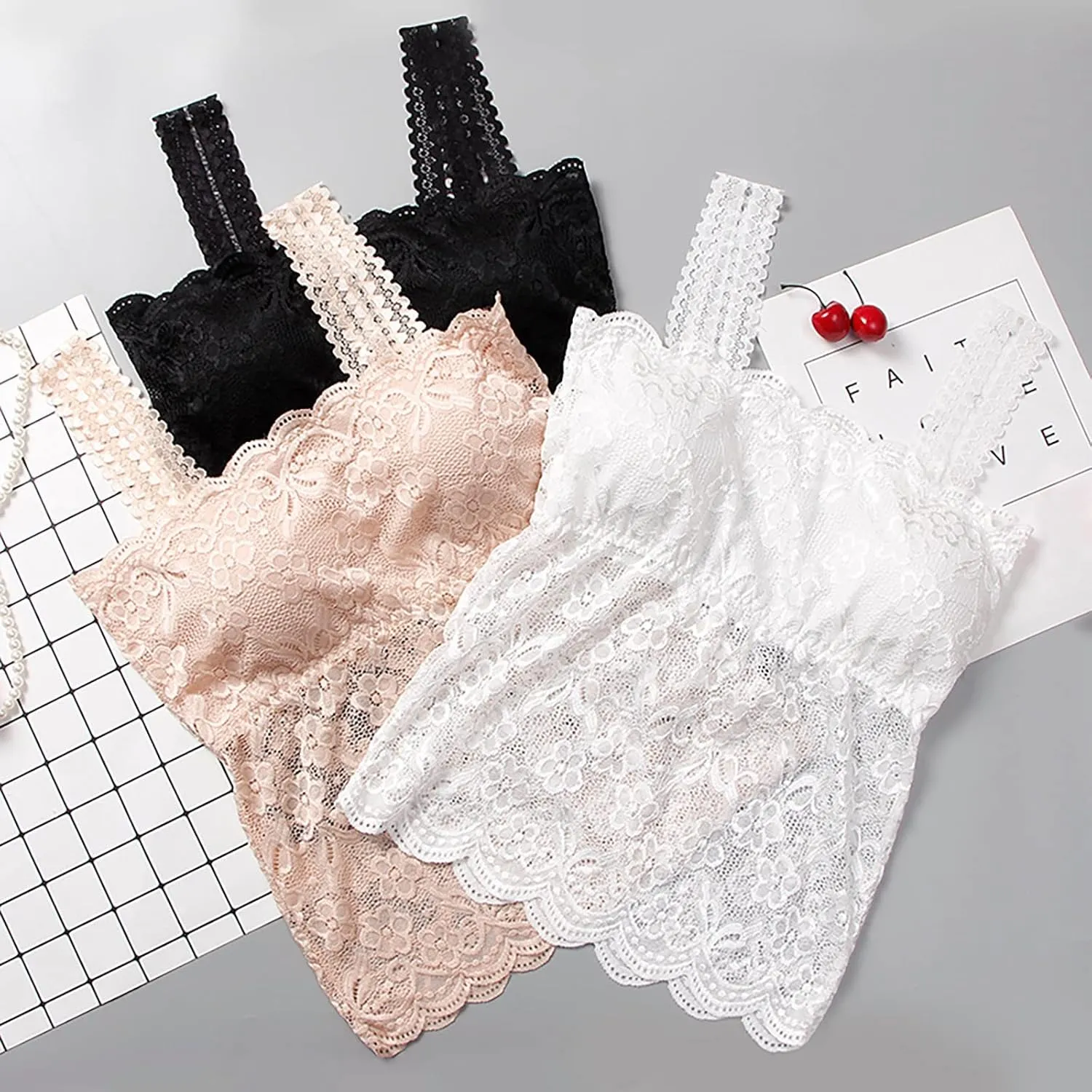 Lace Camisole Tops for Women Built in Bra Padded Bralette 2025 Soft Comfy Crop Tops Trendy Basic Camisoles