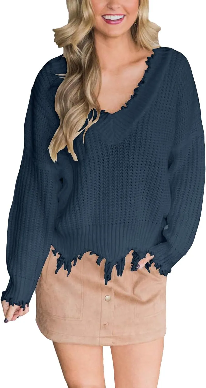 LAMISSCHE Womens Loose Knitted Off The Shoulder Sweater Solid V Neck Long Sleeve Pullover Ripped Crop Top