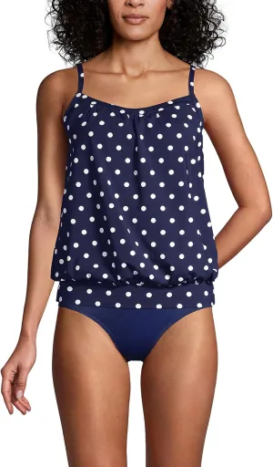 Lands' End Women's Blouson Tummy Hiding Tankini Top Swimsuit Adjustable Straps