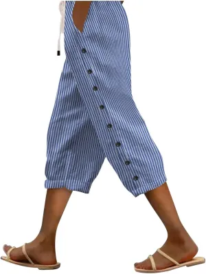Lastesso Capri Pants for Women Basic Solid Summer Boho Lounge Trousers with Pocket Loose Comfy Drawstring Vacation Outfits