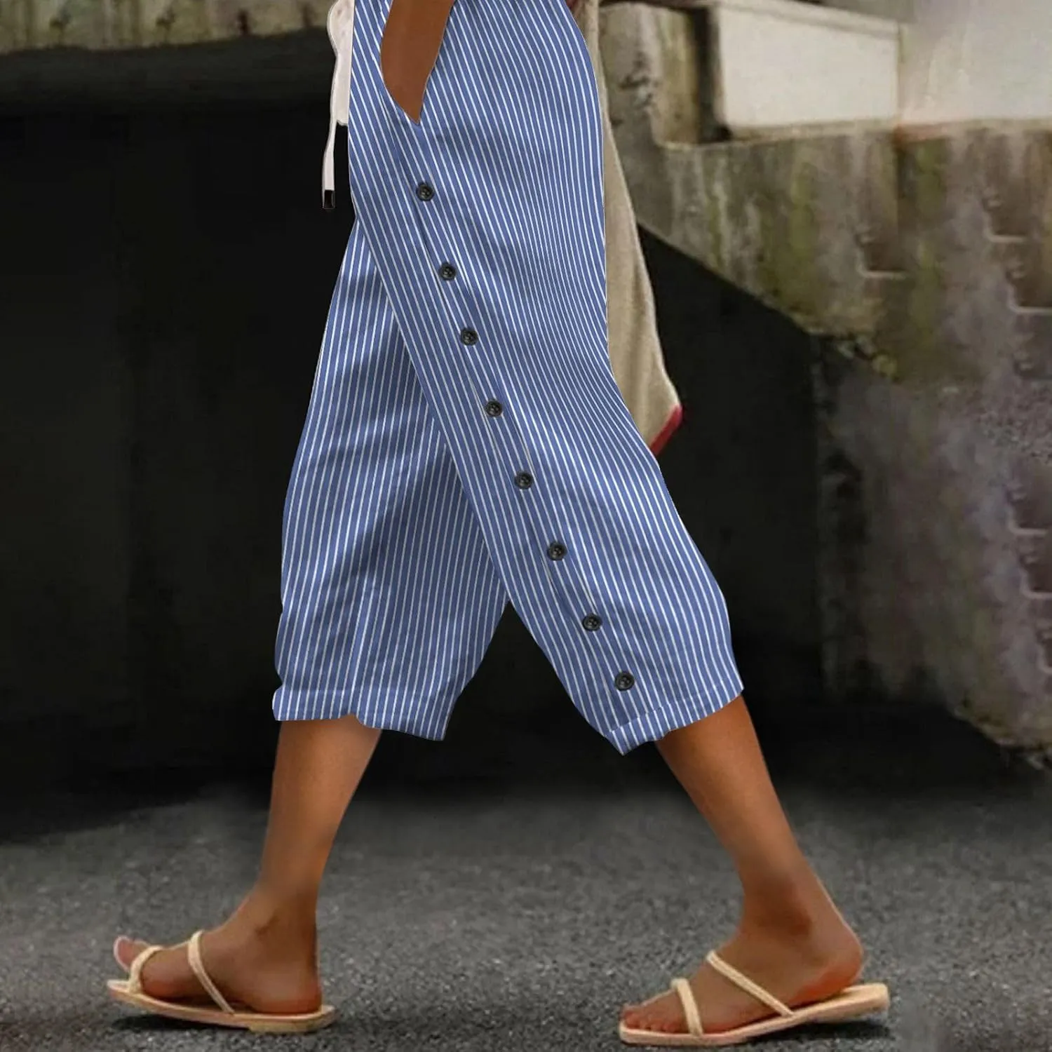 Lastesso Capri Pants for Women Basic Solid Summer Boho Lounge Trousers with Pocket Loose Comfy Drawstring Vacation Outfits