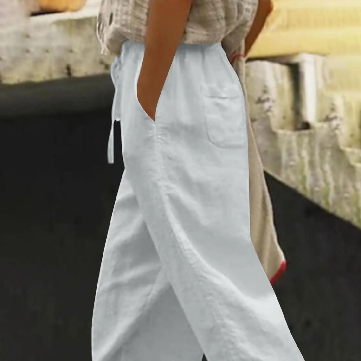 Lastesso Linen Pants Women Casual High Waist Cotton Summer Comfy Slacks Lightweight Vacation Hawaii Trousers with Pockets