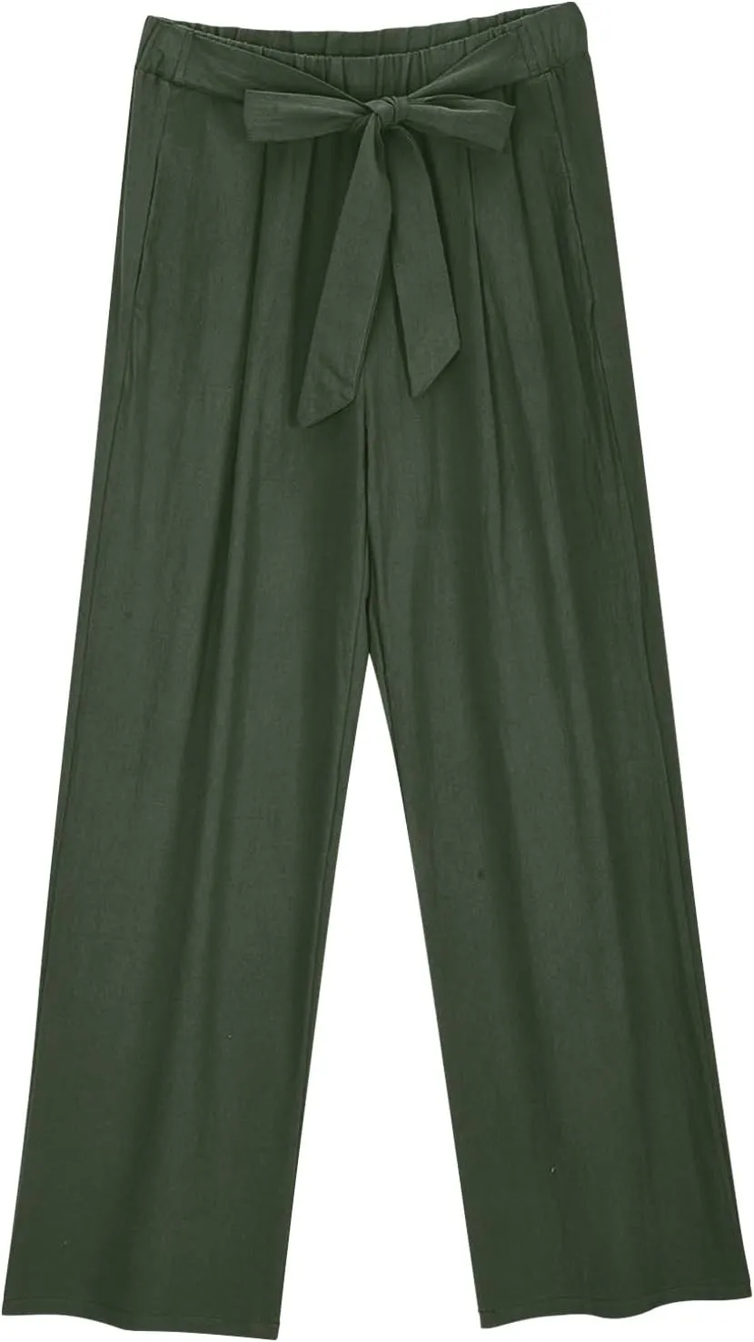 Lastesso Womens Linen Pants Elastic Waistband Wide Leg Slacks Plus Size Cute Summer Lounge Trousers Casual Summer Pant