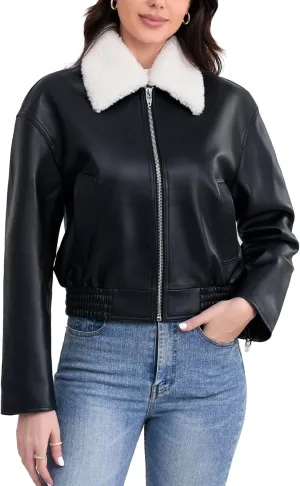 Leather Jacket Women,Cropped Lambskin Bomber Jacket,Removable Sherpa Collar, Zip Front, Elasticized Hem