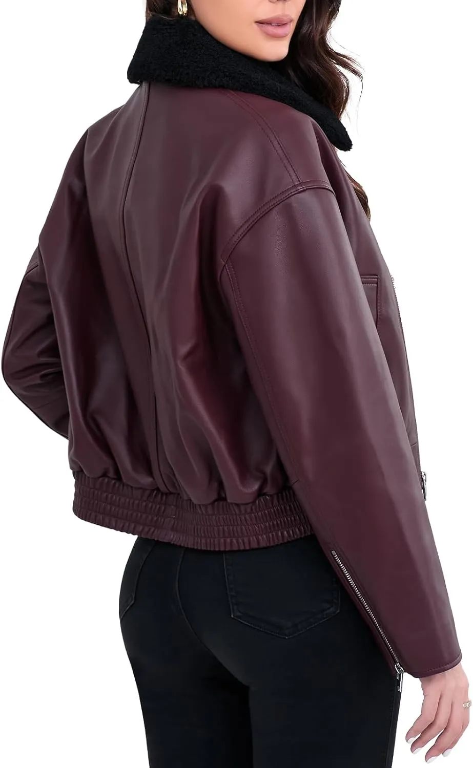 Leather Jacket Women,Cropped Lambskin Bomber Jacket,Removable Sherpa Collar, Zip Front, Elasticized Hem