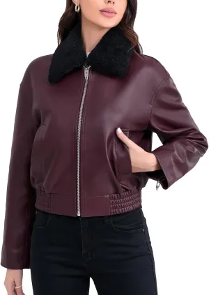 Leather Jacket Women,Cropped Lambskin Bomber Jacket,Removable Sherpa Collar, Zip Front, Elasticized Hem