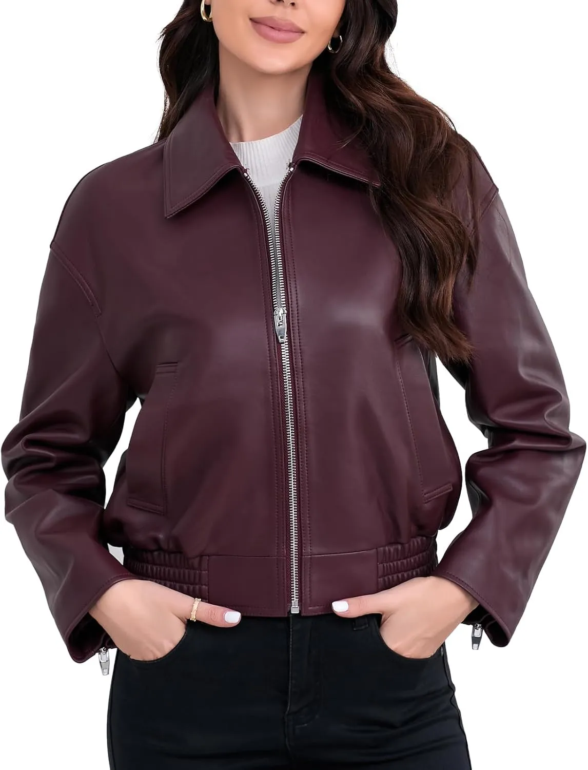 Leather Jacket Women,Cropped Lambskin Bomber Jacket,Removable Sherpa Collar, Zip Front, Elasticized Hem