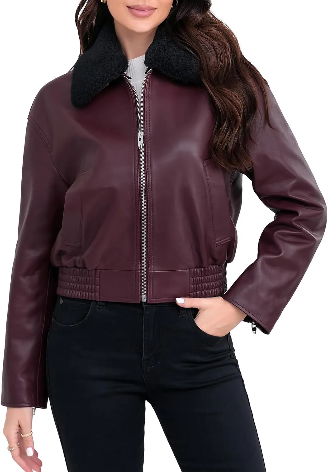 Leather Jacket Women,Cropped Lambskin Bomber Jacket,Removable Sherpa Collar, Zip Front, Elasticized Hem