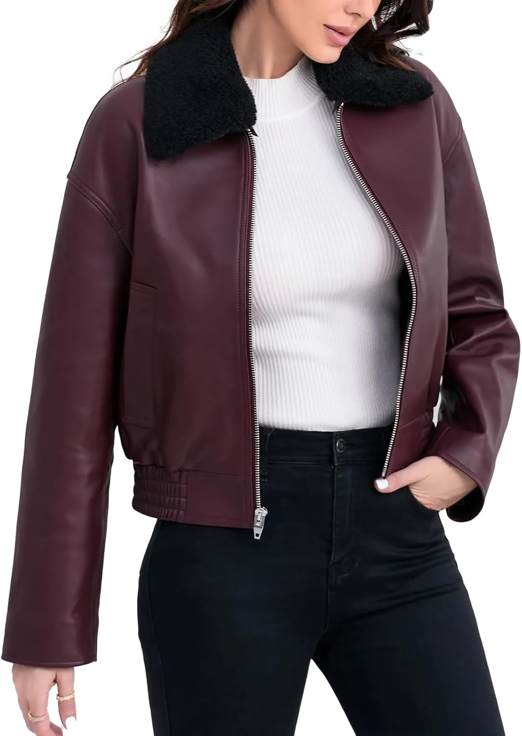 Leather Jacket Women,Cropped Lambskin Bomber Jacket,Removable Sherpa Collar, Zip Front, Elasticized Hem