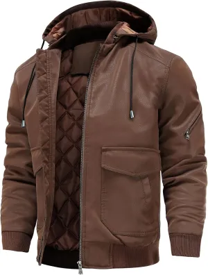 Leather Jackets for Men,Stand Collar Zip Up Motorcycle Biker Bomber Jacket With Removable Hood