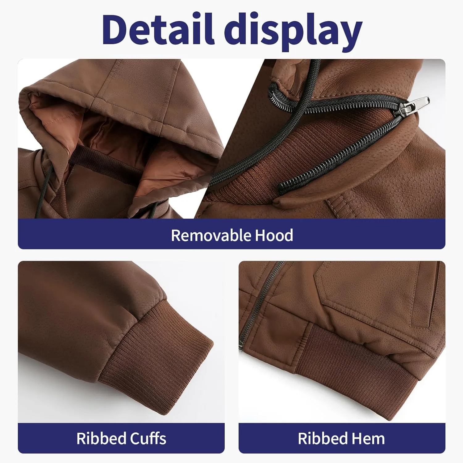 Leather Jackets for Men,Stand Collar Zip Up Motorcycle Biker Bomber Jacket With Removable Hood
