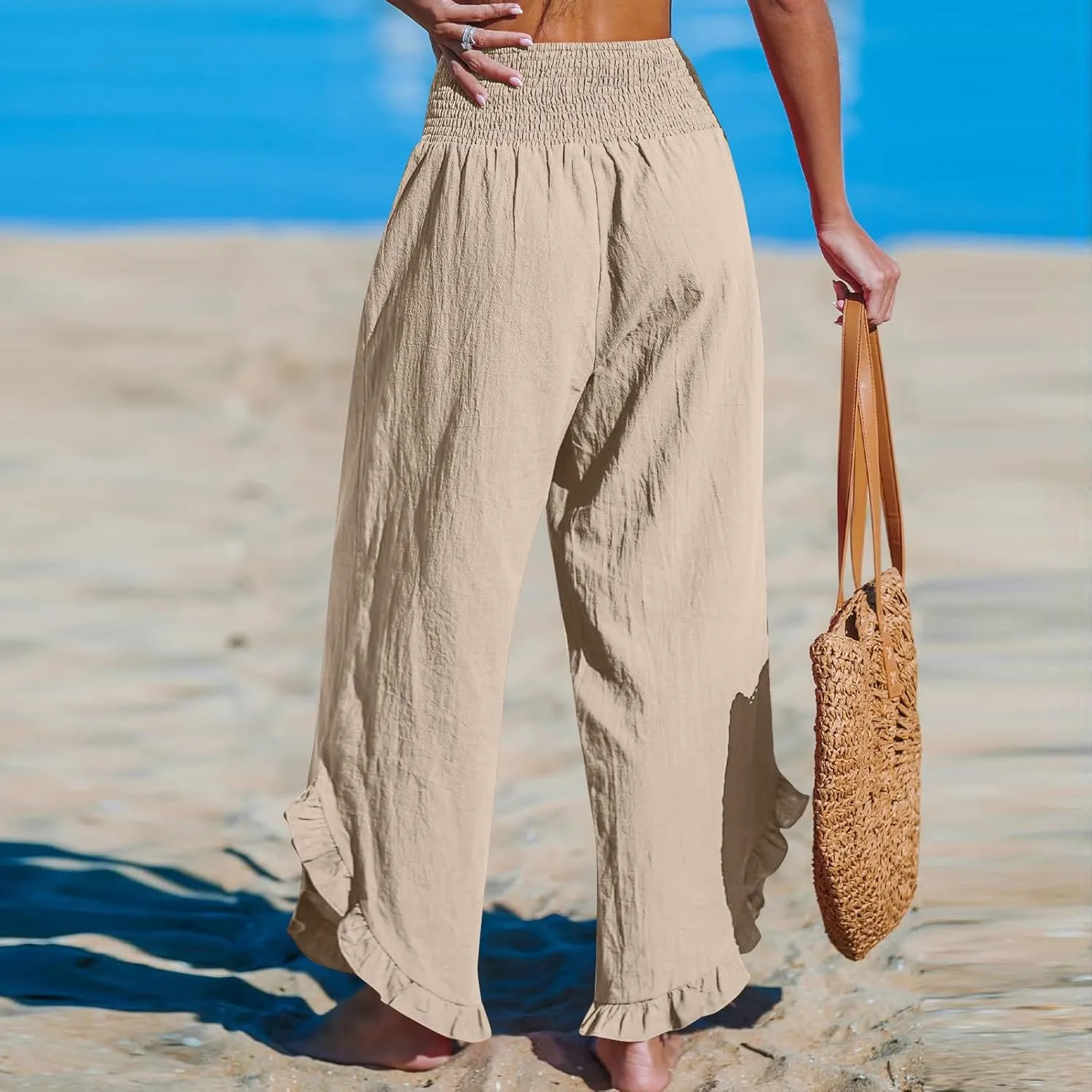 LEMONONSTORE Fashion Women Smocked Paperbag Wide Leg Pants Cute Ruffle Trim Hem Summer Linen Pant Loose Boho Beach Trousers
