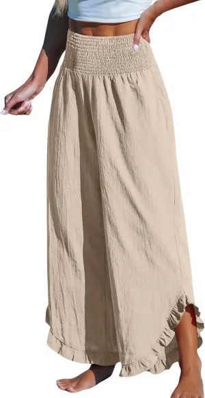 LEMONONSTORE Fashion Women Smocked Paperbag Wide Leg Pants Cute Ruffle Trim Hem Summer Linen Pant Loose Boho Beach Trousers