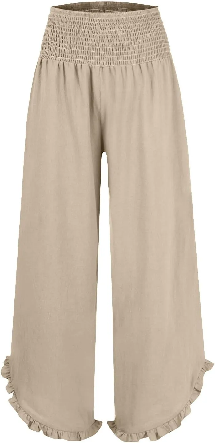 LEMONONSTORE Fashion Women Smocked Paperbag Wide Leg Pants Cute Ruffle Trim Hem Summer Linen Pant Loose Boho Beach Trousers
