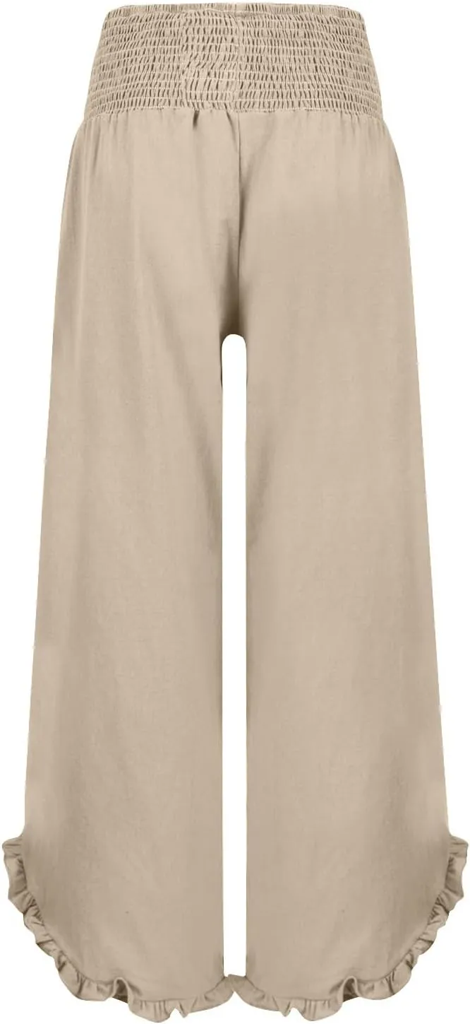 LEMONONSTORE Fashion Women Smocked Paperbag Wide Leg Pants Cute Ruffle Trim Hem Summer Linen Pant Loose Boho Beach Trousers