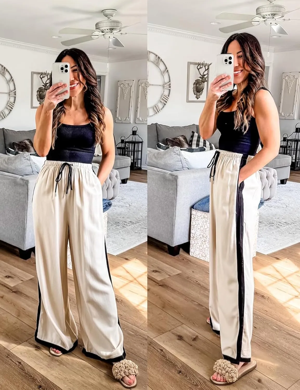 Lentta Womens Linen Wide Leg Pants Side Striped Palazzo Pants Beach Pants with Pockets Lounge Vacation Outfits