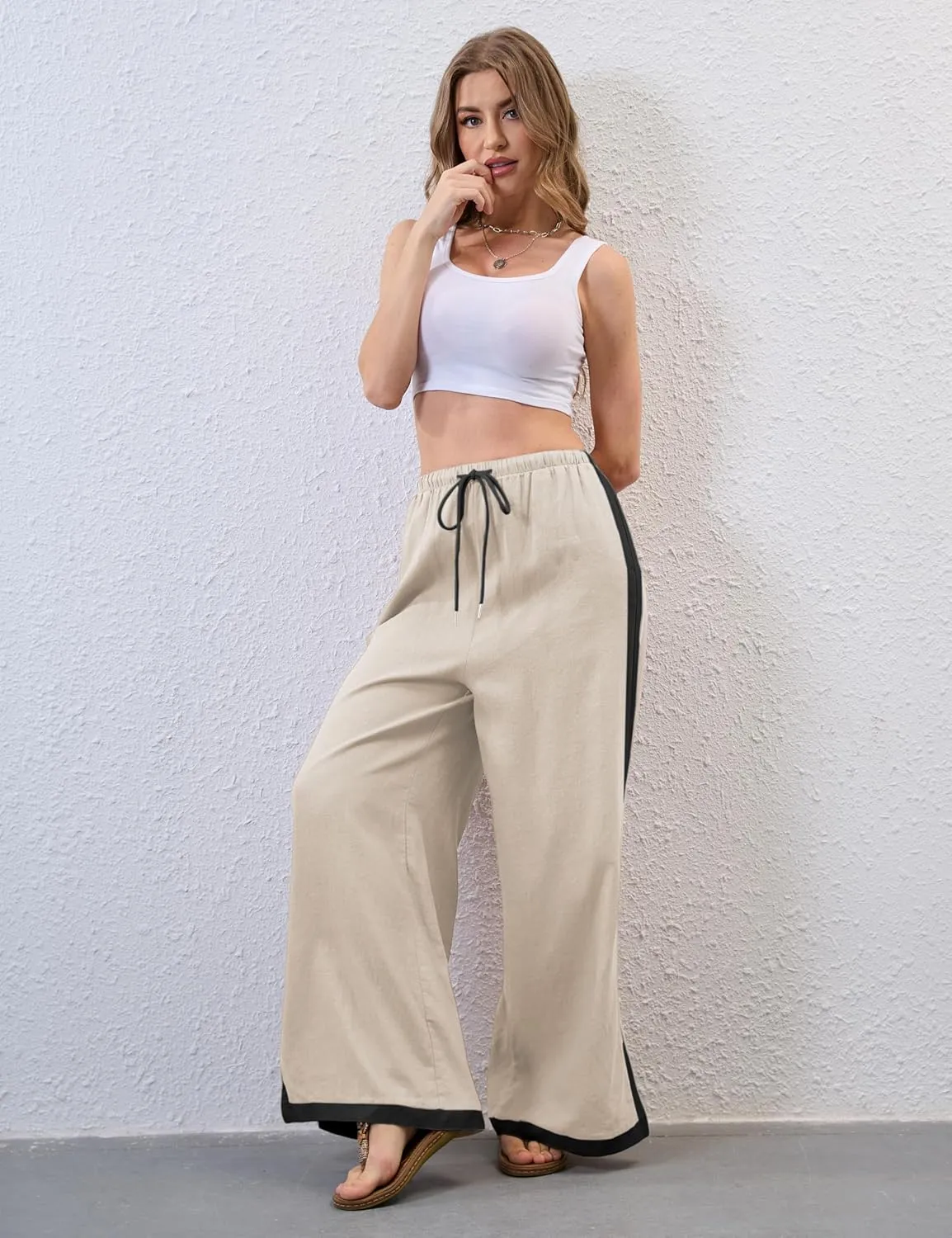 Lentta Womens Linen Wide Leg Pants Side Striped Palazzo Pants Beach Pants with Pockets Lounge Vacation Outfits