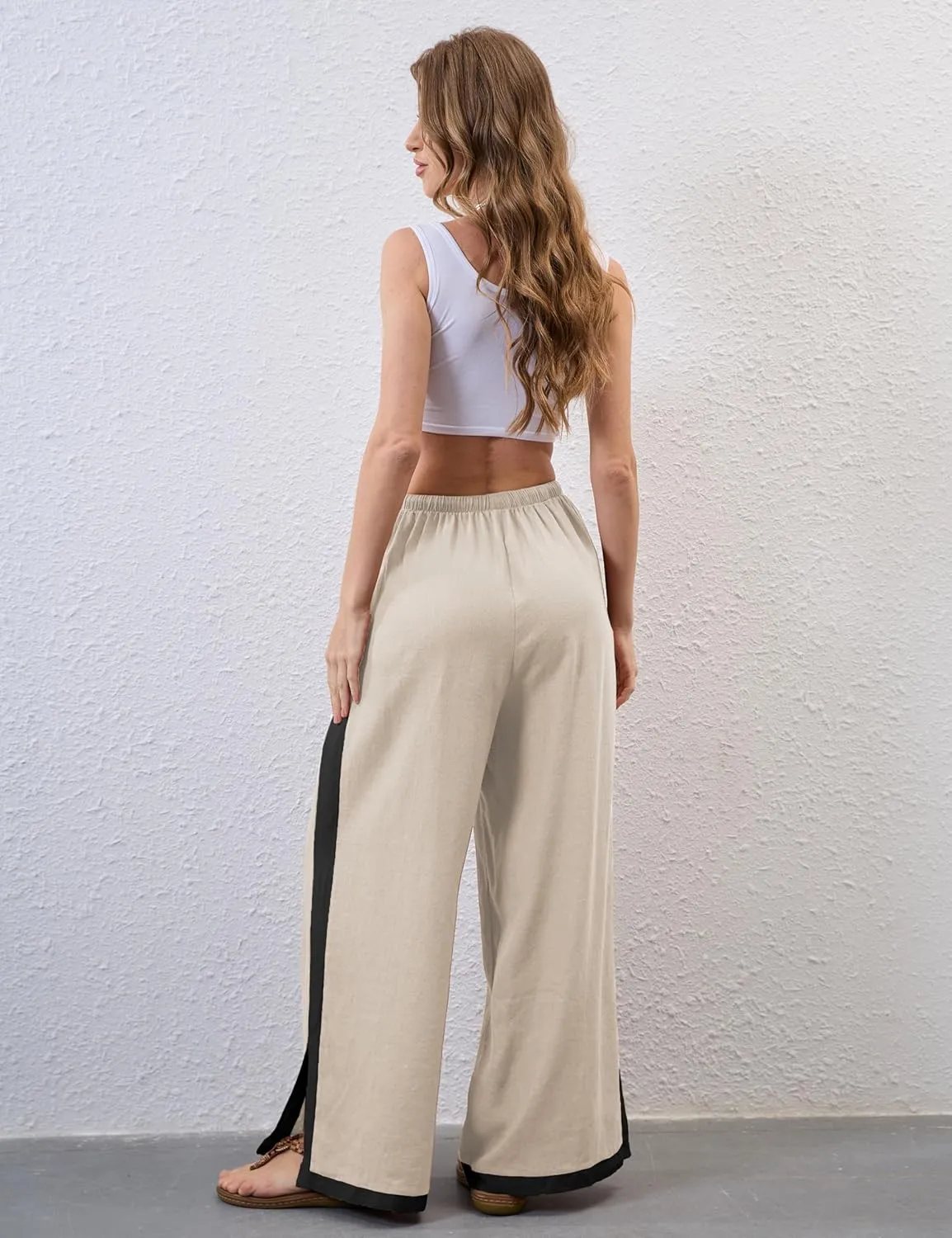Lentta Womens Linen Wide Leg Pants Side Striped Palazzo Pants Beach Pants with Pockets Lounge Vacation Outfits