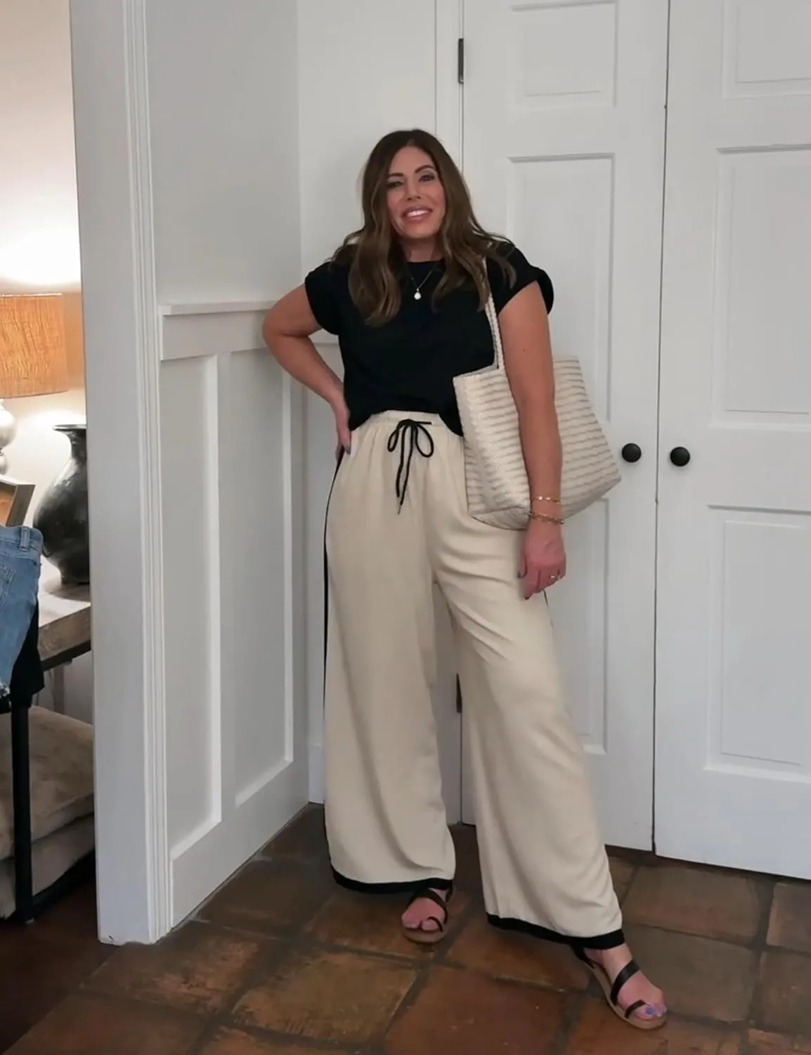 Lentta Womens Linen Wide Leg Pants Side Striped Palazzo Pants Beach Pants with Pockets Lounge Vacation Outfits