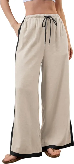 Lentta Womens Linen Wide Leg Pants Side Striped Palazzo Pants Beach Pants with Pockets Lounge Vacation Outfits