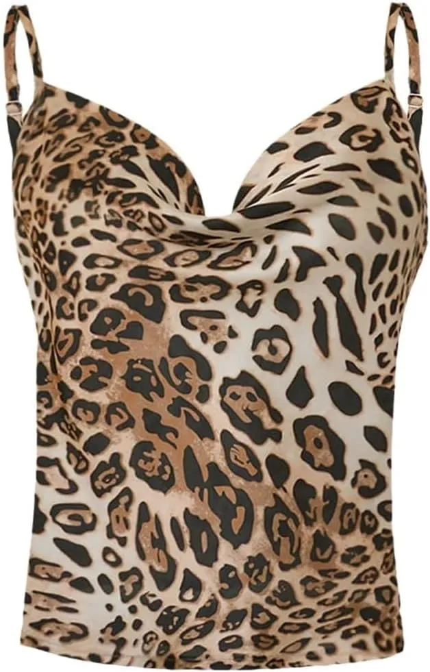Leopard Print Satin Camisole Lace-Up Cropped Vintage Top for Women