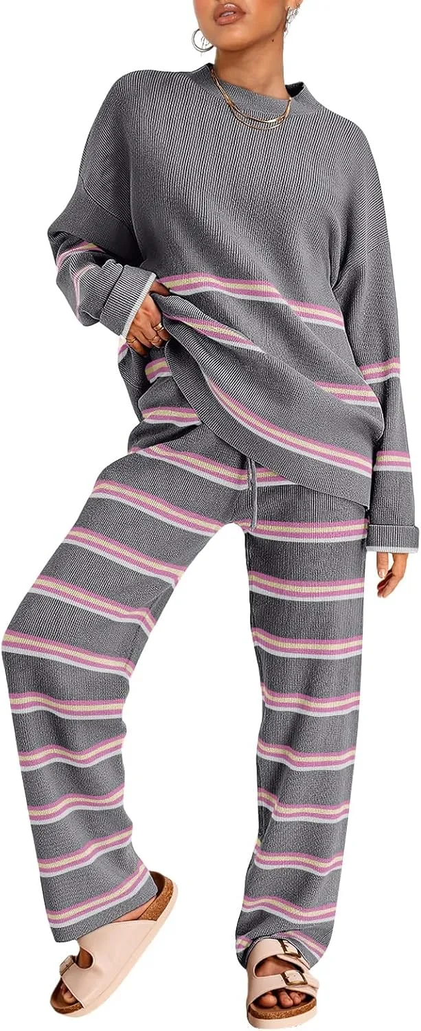 LILLUSORY 2 Piece Sets for Women 2025 Two Piece Lounge Sets Fall Fashion Oversized Striped Knit Sweaters Outfits Clothes