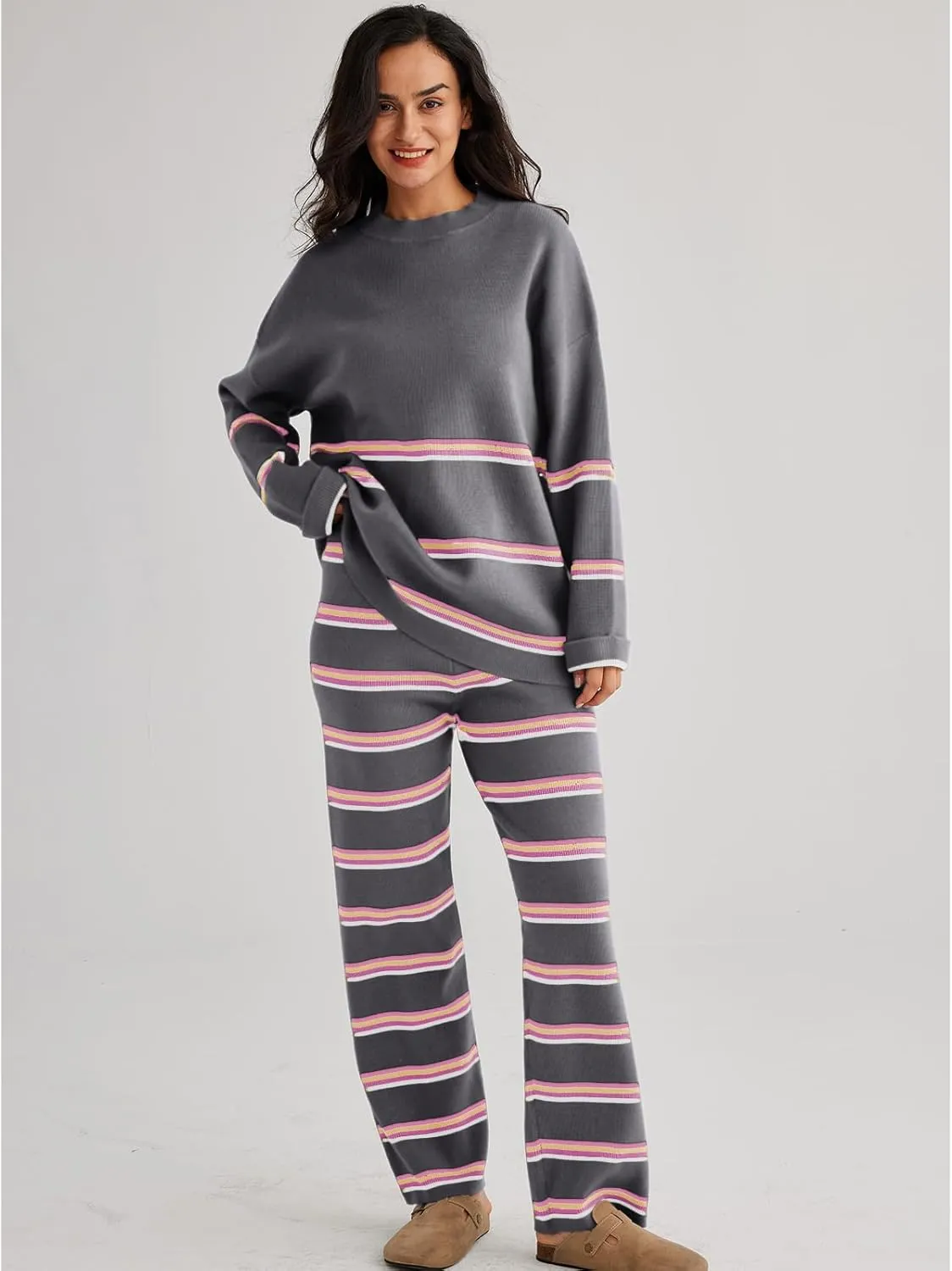 LILLUSORY 2 Piece Sets for Women 2025 Two Piece Lounge Sets Fall Fashion Oversized Striped Knit Sweaters Outfits Clothes
