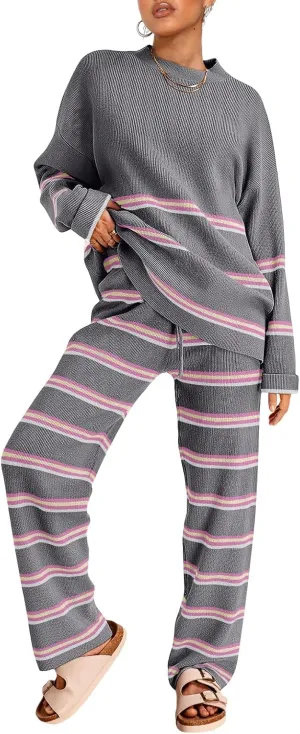 LILLUSORY 2 Piece Sets for Women 2025 Two Piece Lounge Sets Fall Fashion Oversized Striped Knit Sweaters Outfits Clothes
