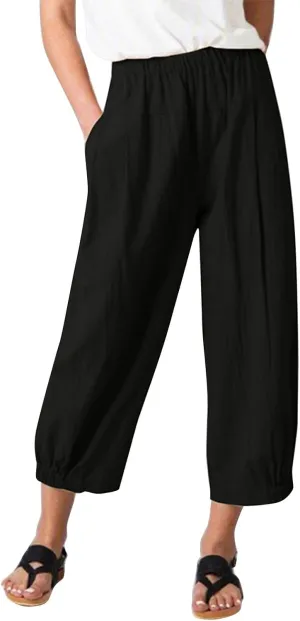 Linen Capri Pants for Women Drawstring Waisted Summer Casual Trousers Pants with Pockets Cropped Palazzo Lounge
