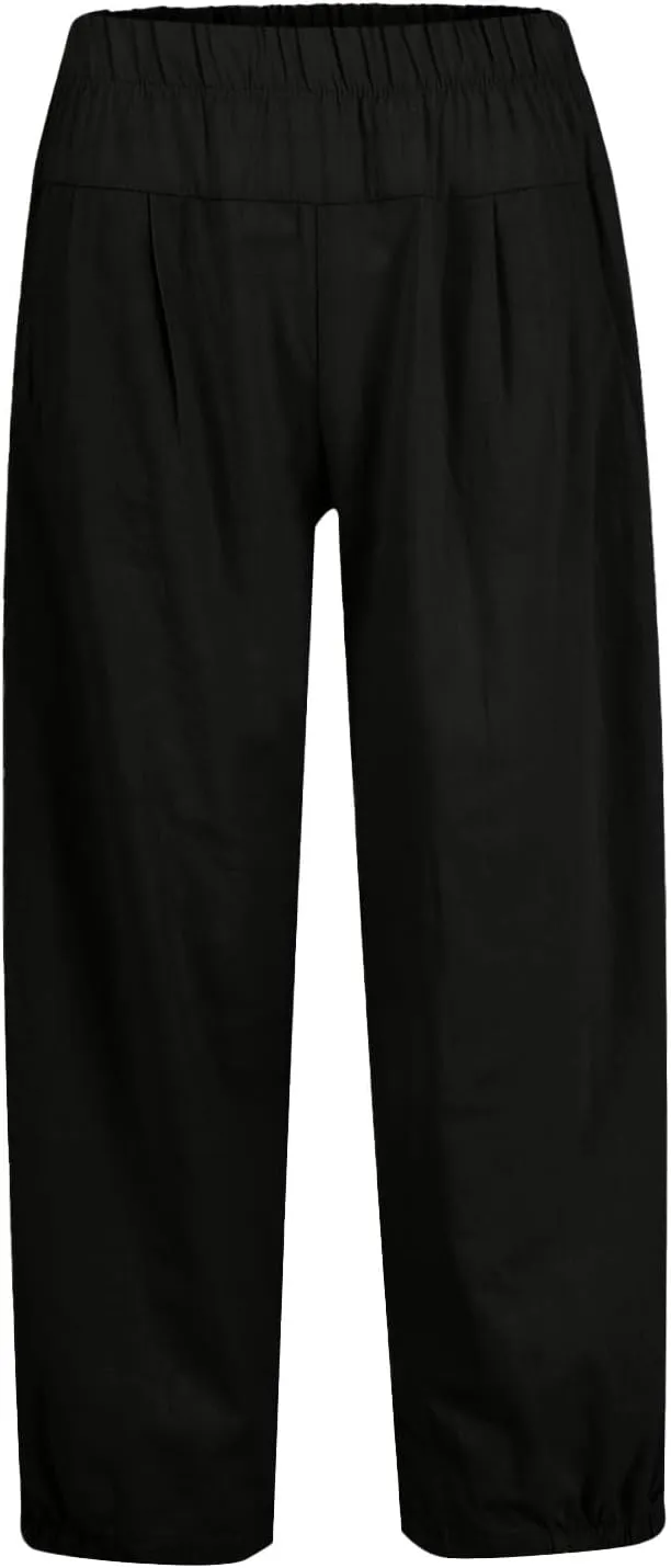 Linen Capri Pants for Women Drawstring Waisted Summer Casual Trousers Pants with Pockets Cropped Palazzo Lounge