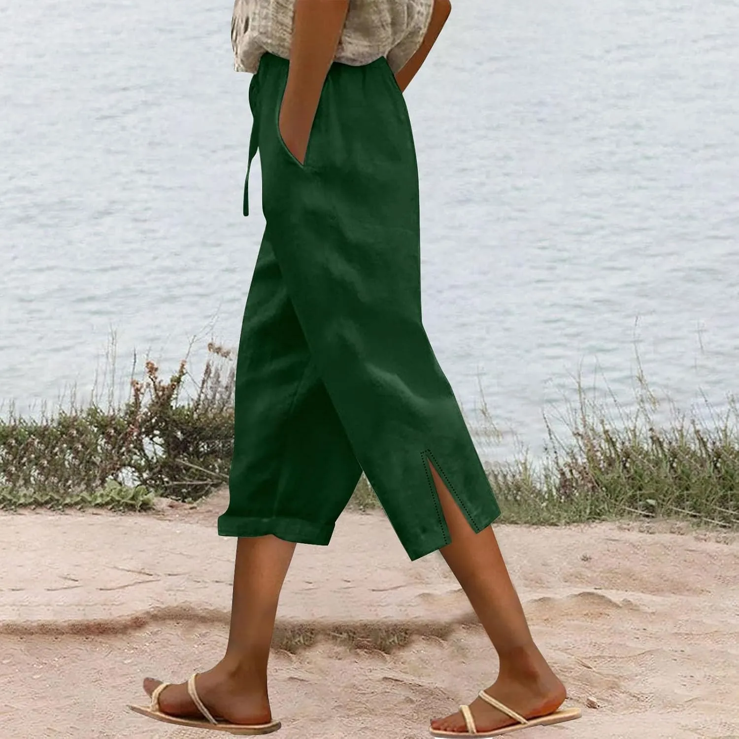 Linen Capri Pants for Women Plus Size Elastic High Waist Drawstring Cropped Pants Side Button Split Summer Trousers