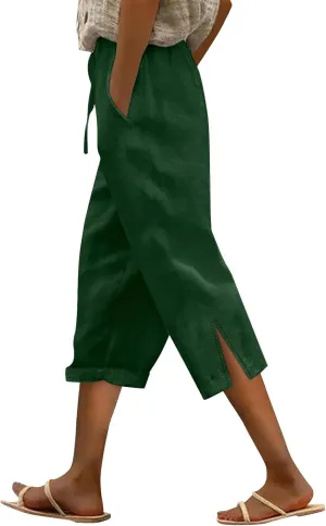 Linen Capri Pants for Women Plus Size Elastic High Waist Drawstring Cropped Pants Side Button Split Summer Trousers