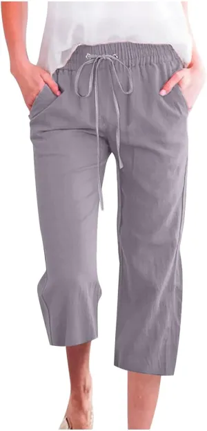 Linen Capris for Women 2024 Summer Lightweight High Waisted Cropped Pants Casual Loose Wide Leg Trousers with Pockets