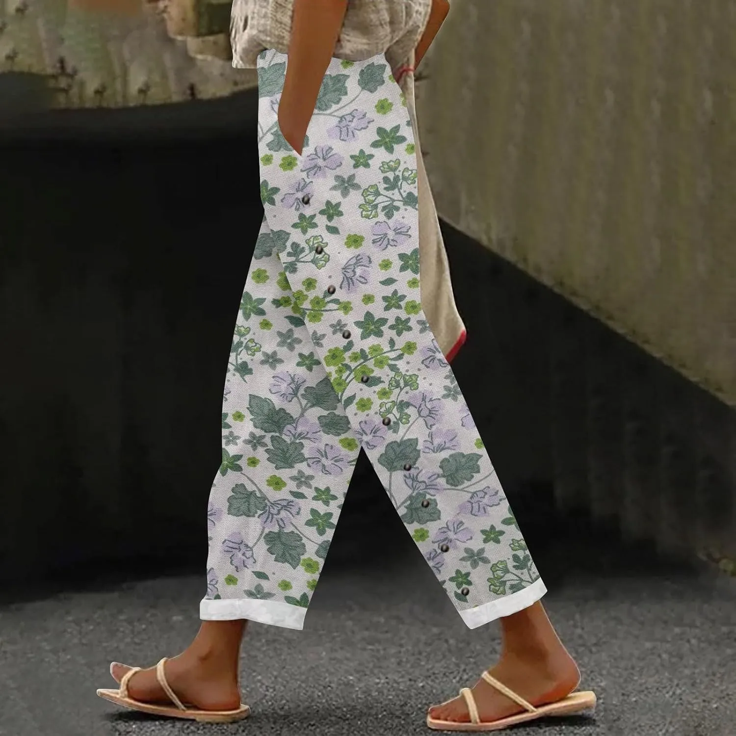 Linen Capris for Women Elastic Waisted Drawstring Capri Pants with Pockets Boho Floral Casual Summer Cropped Pants
