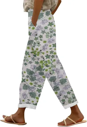 Linen Capris for Women Elastic Waisted Drawstring Capri Pants with Pockets Boho Floral Casual Summer Cropped Pants