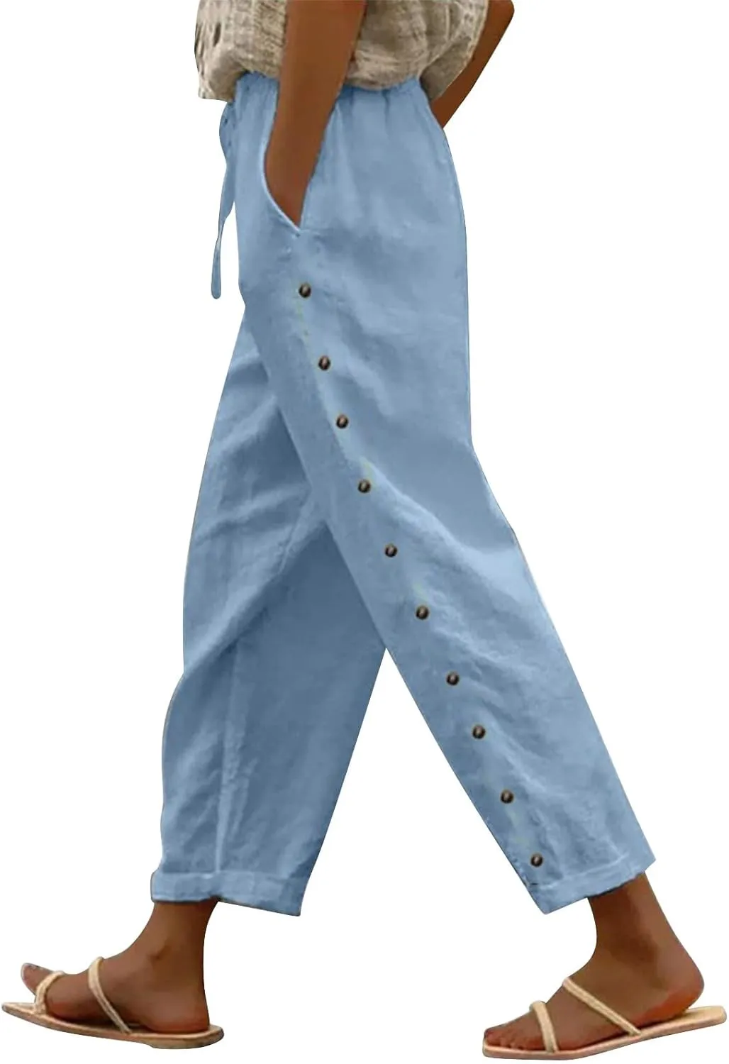 Linen Capris for Women Elastic Waisted Drawstring Capri Pants with Pockets Side Button Casual Summer Cropped Pants